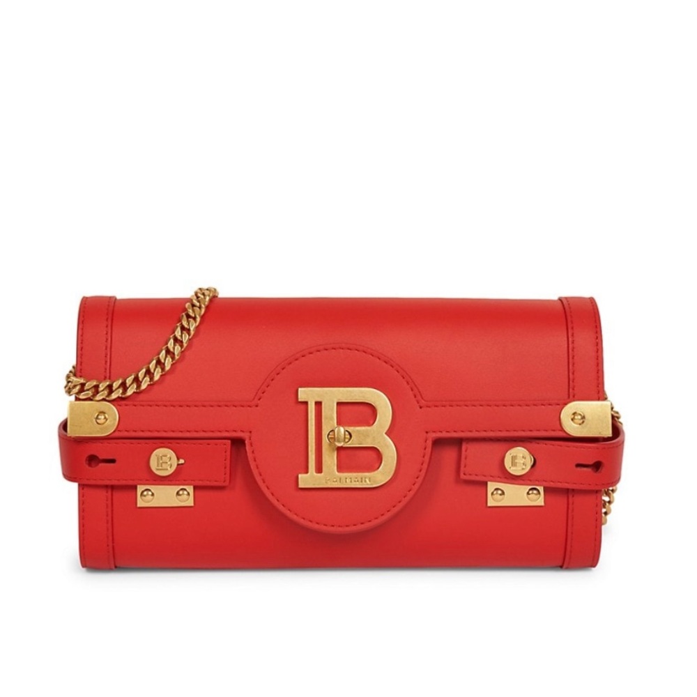 New Balmain Red leather pouch on chain